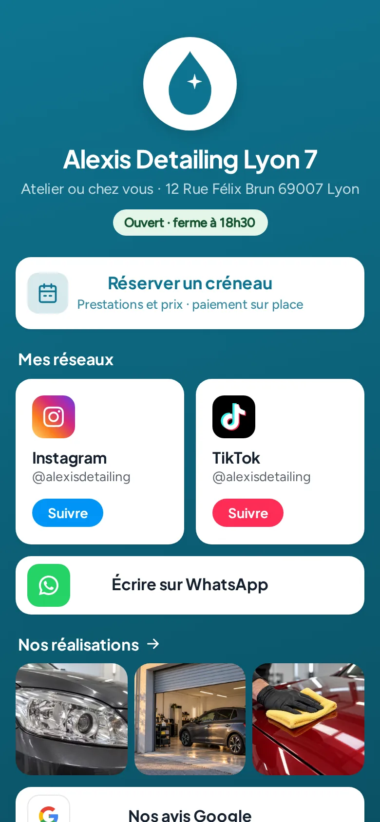 Le lien en bio d’Alexis Detailing : réserver, réseaux, WhatsApp, réalisations