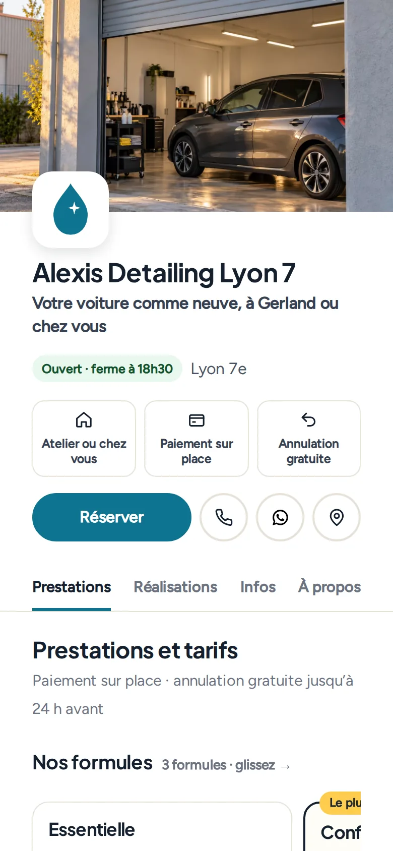 La page d’Alexis Detailing : photo, boutons, prestations et prix