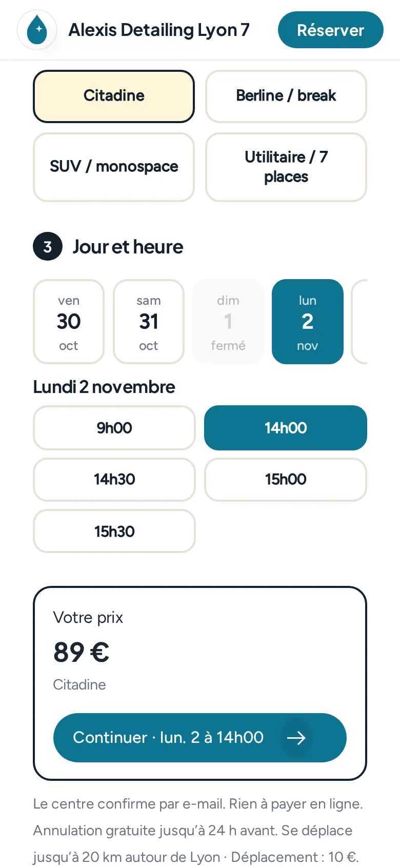 La réservation : véhicule, jour et heure, prix